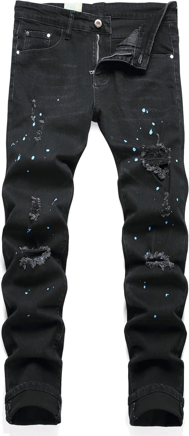 Men's Fashion Washed Perforated Elastic Slim Fit Jeans