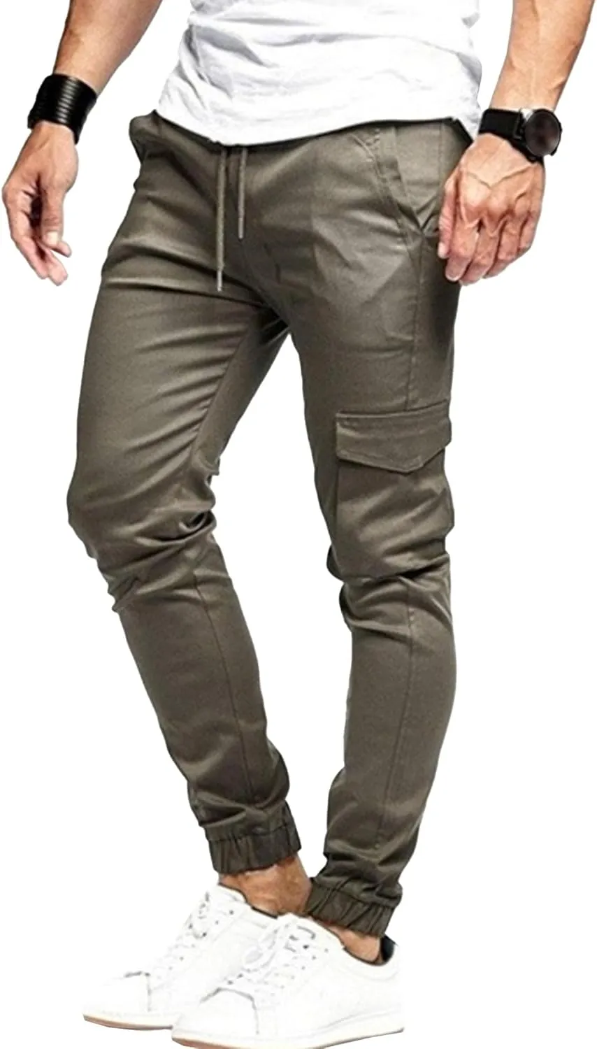 Men's Slim Fit Casual Hiking Cargo Pants Elastic Waist Solid Jogging Pants Comfort Stylish Military Trousers