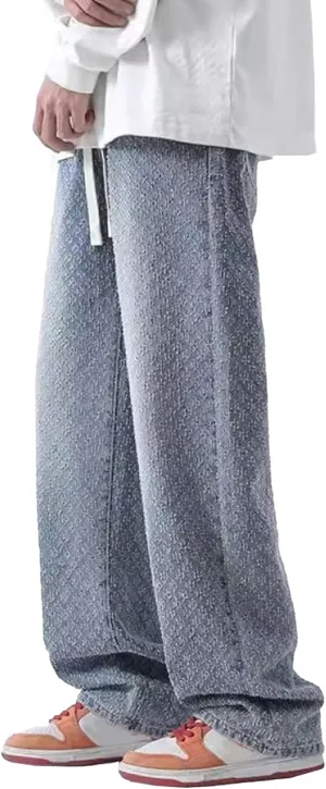 Men's Straight Casual Jeans Distressed Slim Fit Work Pants Elastic Waist Hip Hop Pants Belt Pockets