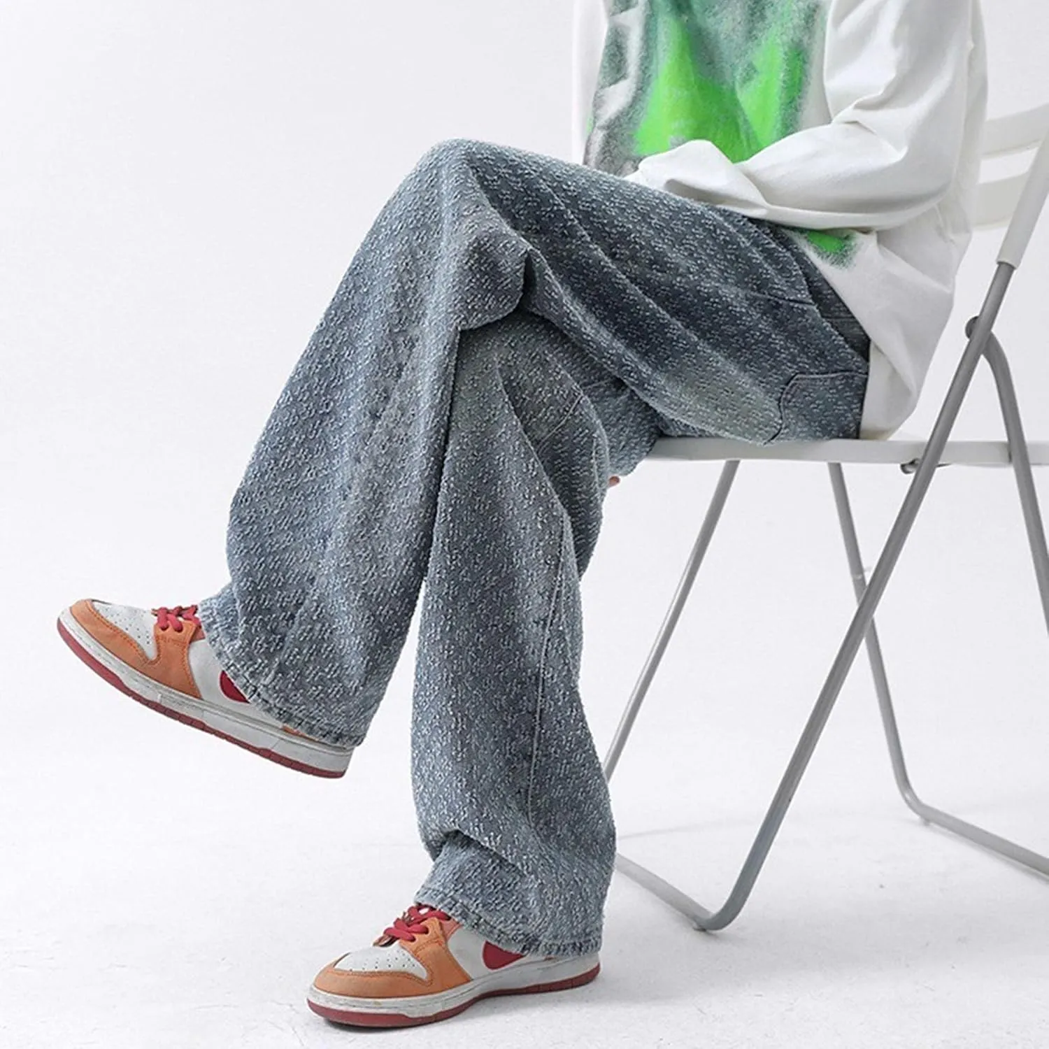 Men's Straight Casual Jeans Distressed Slim Fit Work Pants Elastic Waist Hip Hop Pants Belt Pockets