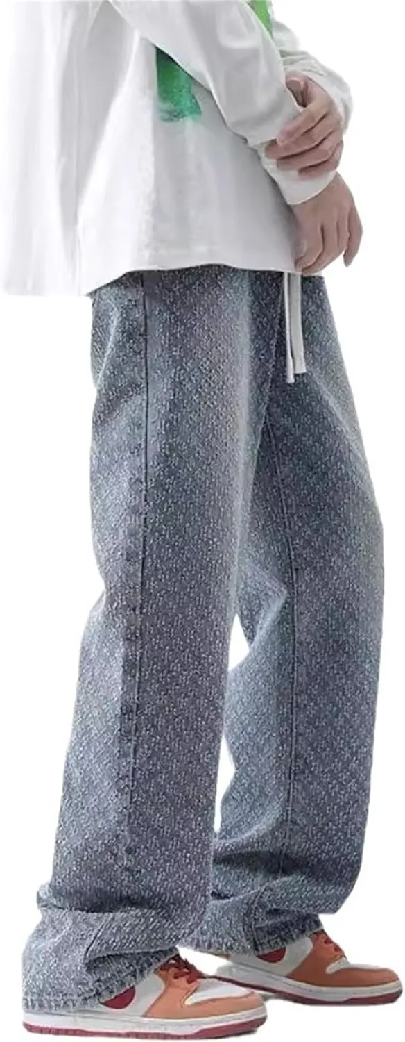 Men's Straight Casual Jeans Distressed Slim Fit Work Pants Elastic Waist Hip Hop Pants Belt Pockets