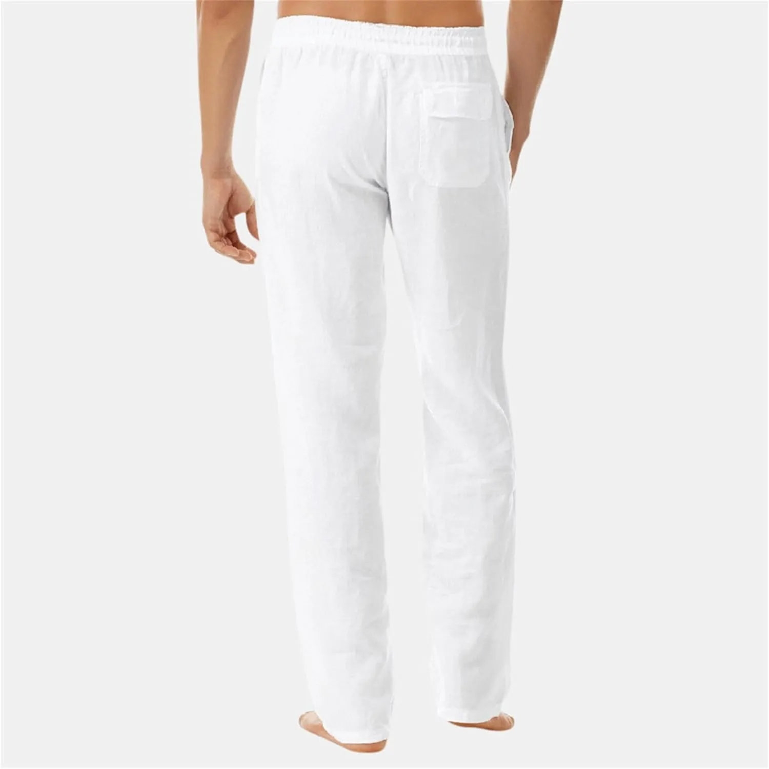 Men's Stylish Cotton Linen Casual Pants Straight Leg Basic Yoga Trousers Drawstring Elastic Waist Solid Hiking Pants