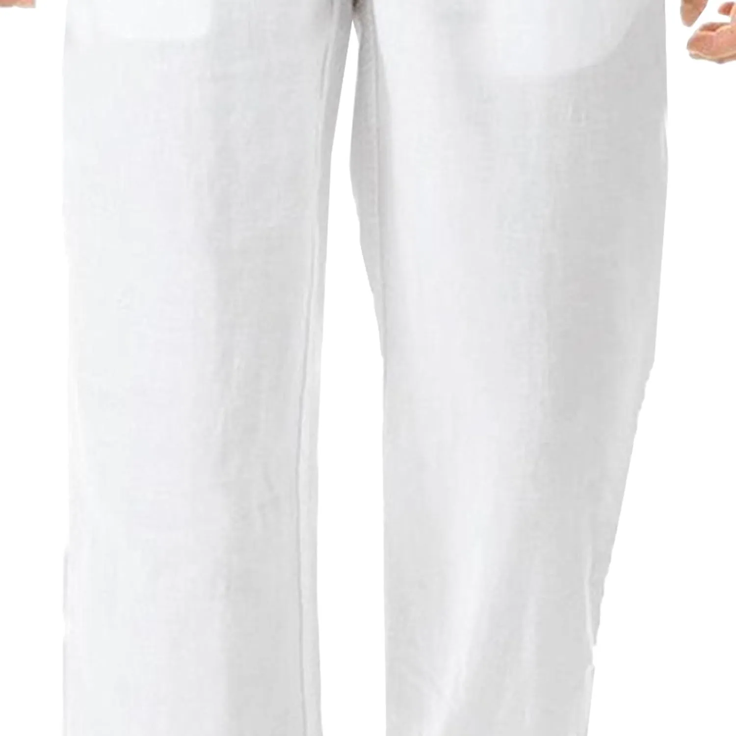 Men's Stylish Cotton Linen Casual Pants Straight Leg Basic Yoga Trousers Drawstring Elastic Waist Solid Hiking Pants