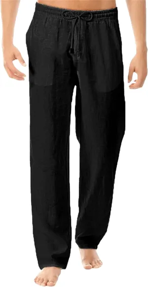 Men's Stylish Cotton Linen Casual Pants Straight Leg Basic Yoga Trousers Drawstring Elastic Waist Solid Hiking Pants