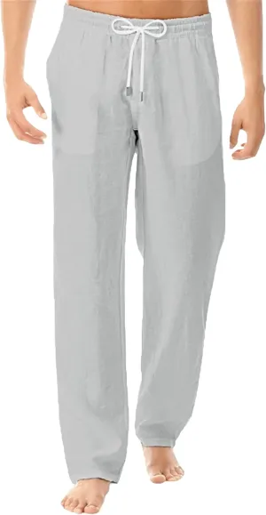 Men's Stylish Cotton Linen Casual Pants Straight Leg Basic Yoga Trousers Drawstring Elastic Waist Solid Hiking Pants
