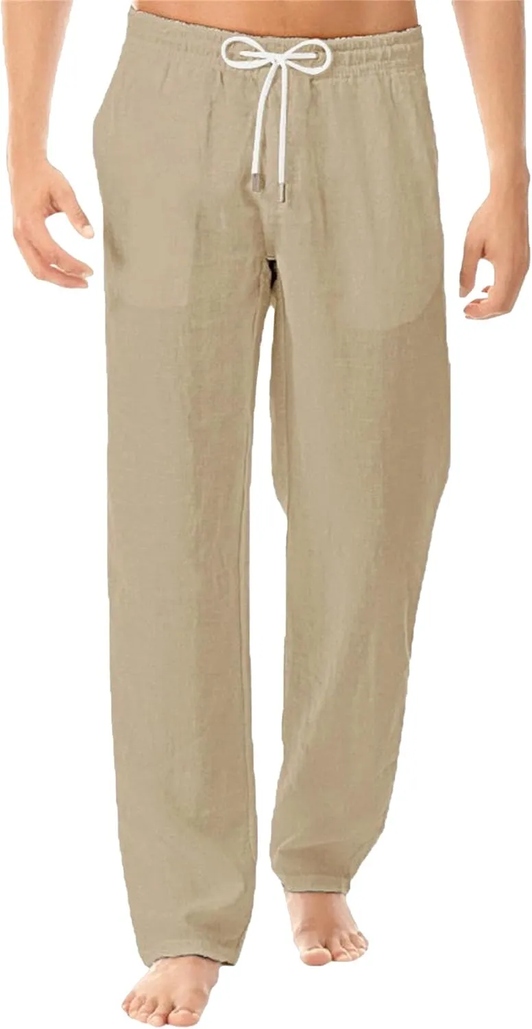 Men's Stylish Cotton Linen Casual Pants Straight Leg Basic Yoga Trousers Drawstring Elastic Waist Solid Hiking Pants