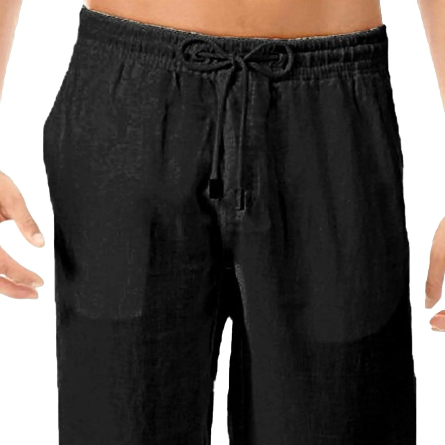 Men's Stylish Cotton Linen Casual Pants Straight Leg Basic Yoga Trousers Drawstring Elastic Waist Solid Hiking Pants