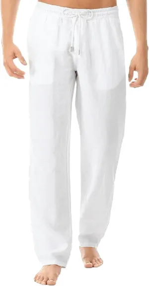 Men's Stylish Cotton Linen Casual Pants Straight Leg Basic Yoga Trousers Drawstring Elastic Waist Solid Hiking Pants