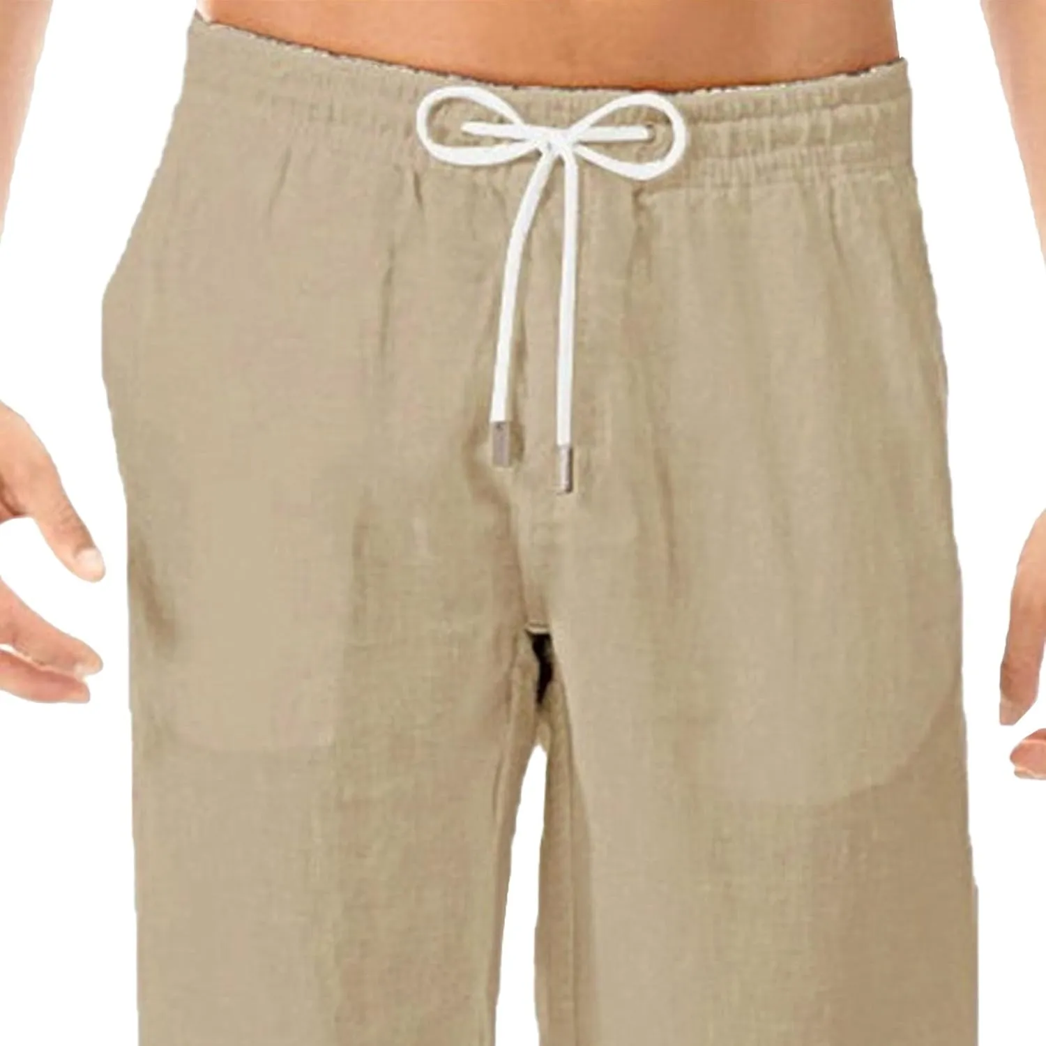 Men's Stylish Cotton Linen Casual Pants Straight Leg Basic Yoga Trousers Drawstring Elastic Waist Solid Hiking Pants