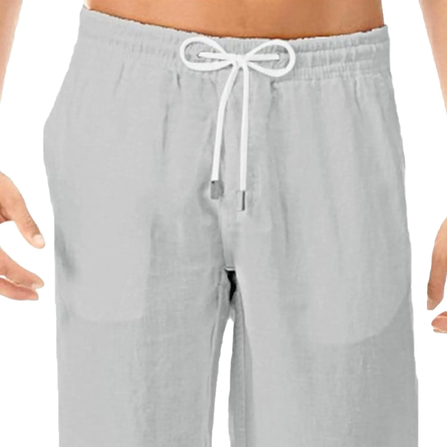 Men's Stylish Cotton Linen Casual Pants Straight Leg Basic Yoga Trousers Drawstring Elastic Waist Solid Hiking Pants