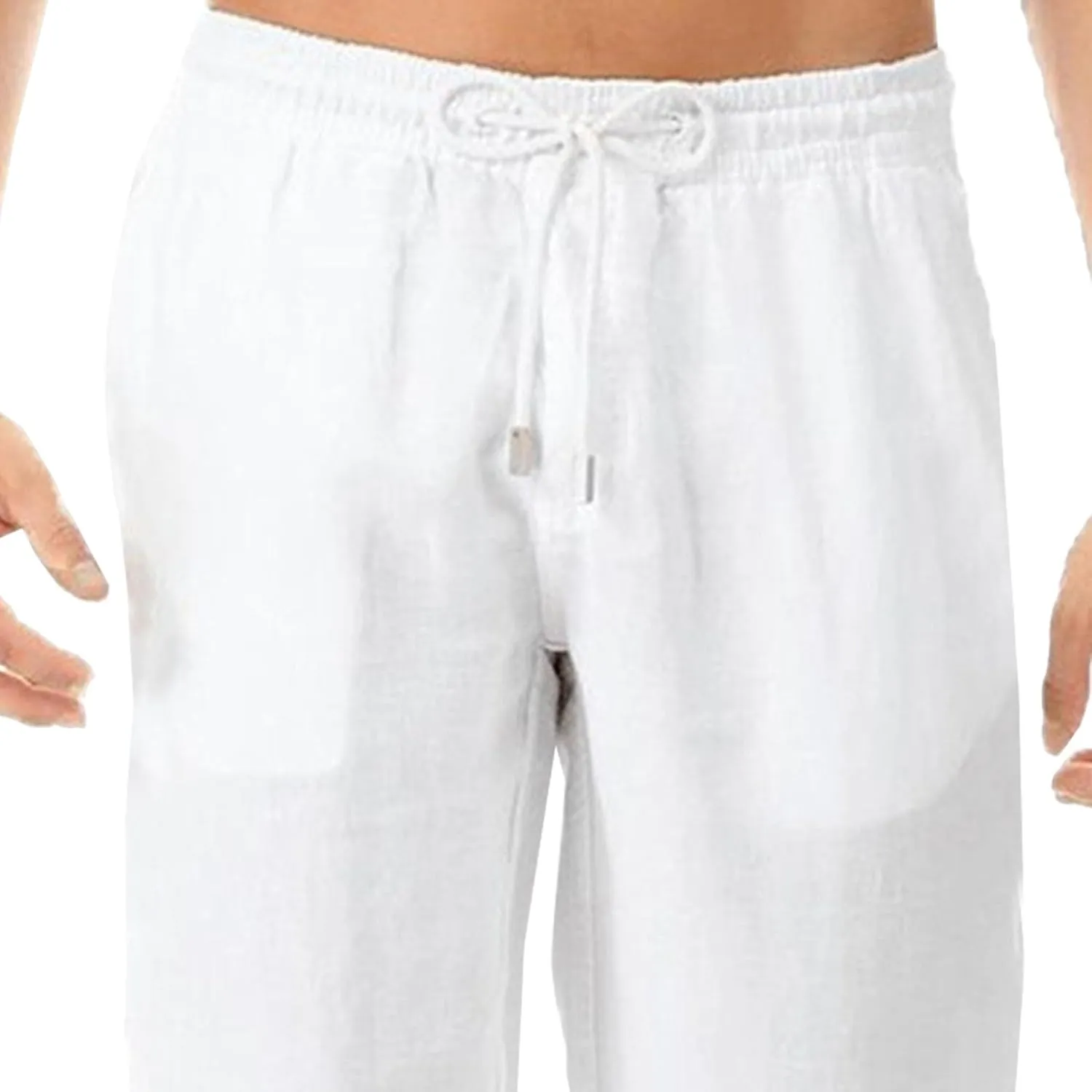 Men's Stylish Cotton Linen Casual Pants Straight Leg Basic Yoga Trousers Drawstring Elastic Waist Solid Hiking Pants