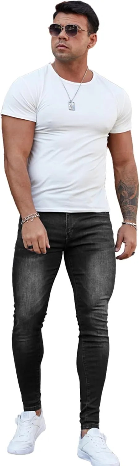 Men's Super Skinny Stretch Tapered Leg Slim Fit Ripped Distressed Jeans