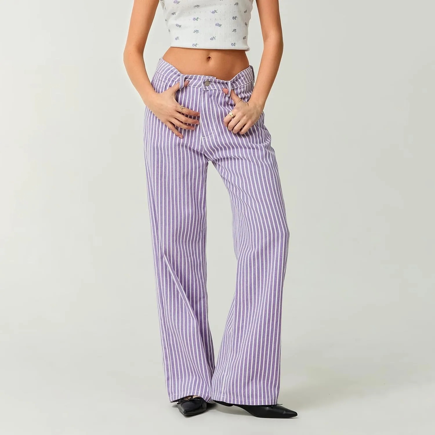Mxiqqpltky Y2k Striped Bell Bottom Jeans Women High Waisted Boyfriend Denim Pants Baggy Wide Leg Stretchy Bootcut Flare Jeans