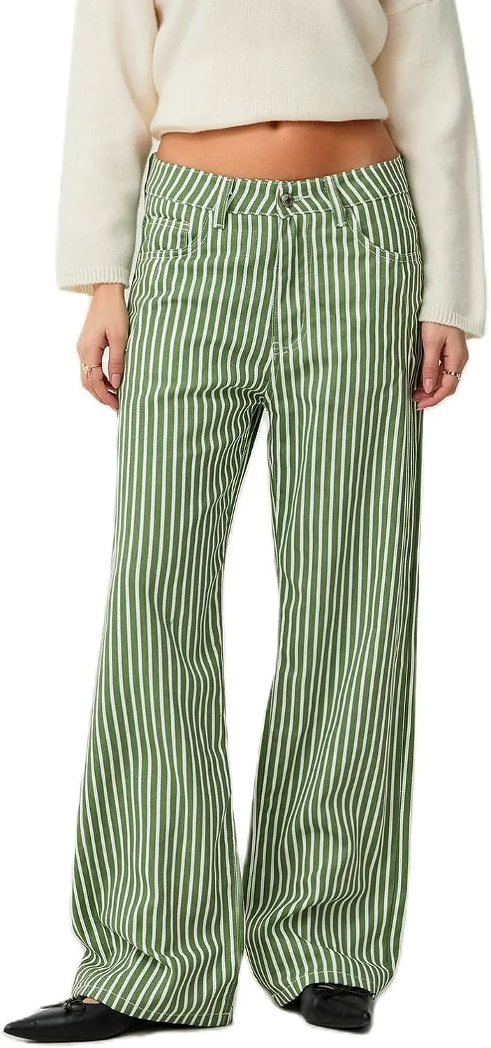 Mxiqqpltky Y2k Striped Bell Bottom Jeans Women High Waisted Boyfriend Denim Pants Baggy Wide Leg Stretchy Bootcut Flare Jeans