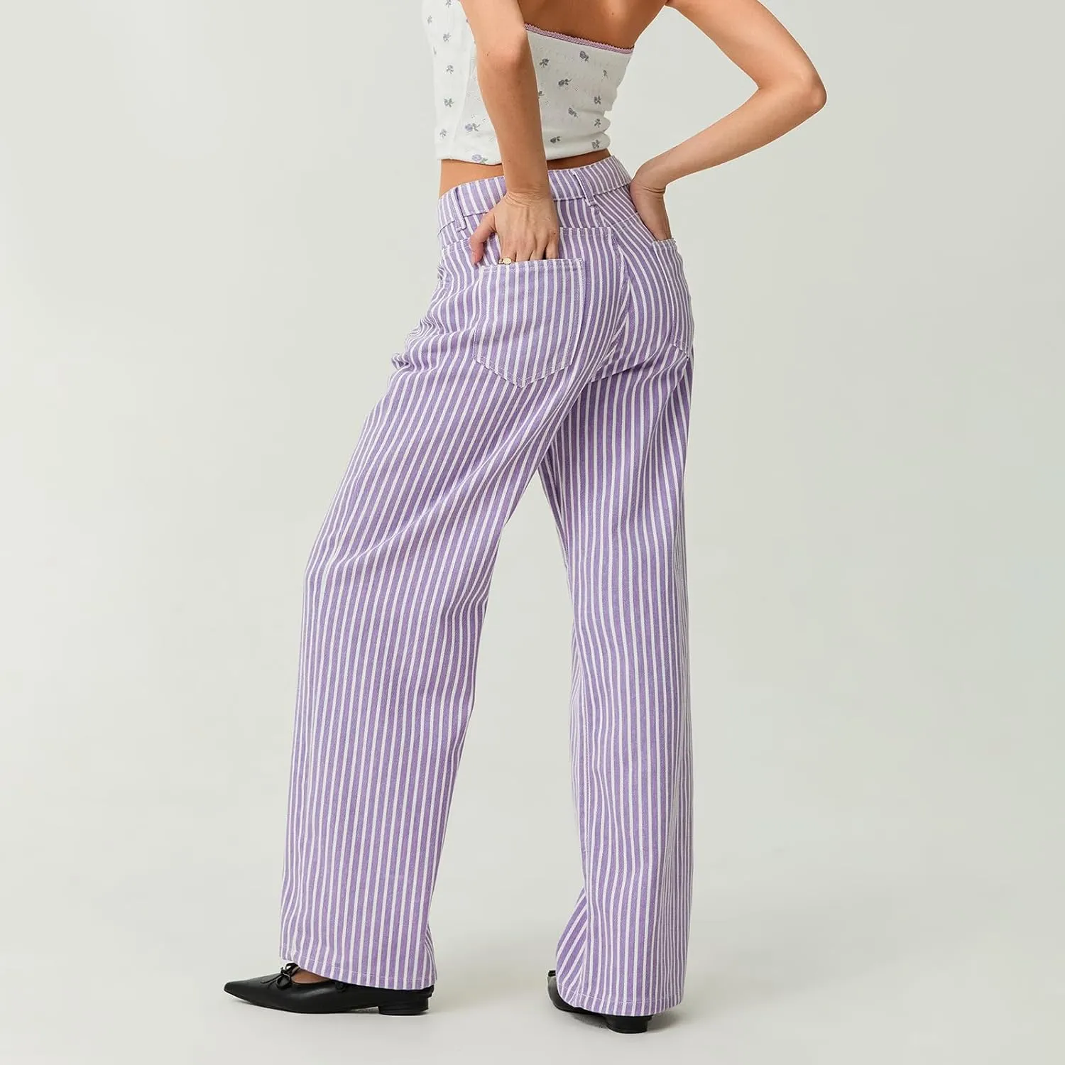Mxiqqpltky Y2k Striped Bell Bottom Jeans Women High Waisted Boyfriend Denim Pants Baggy Wide Leg Stretchy Bootcut Flare Jeans