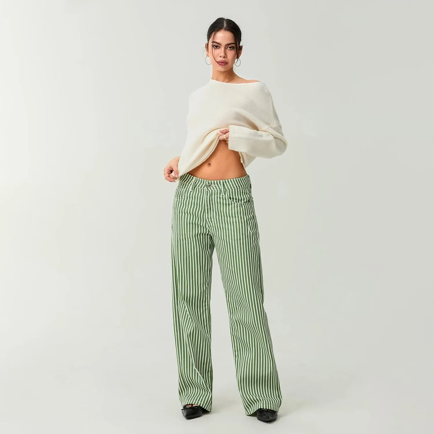 Mxiqqpltky Y2k Striped Bell Bottom Jeans Women High Waisted Boyfriend Denim Pants Baggy Wide Leg Stretchy Bootcut Flare Jeans