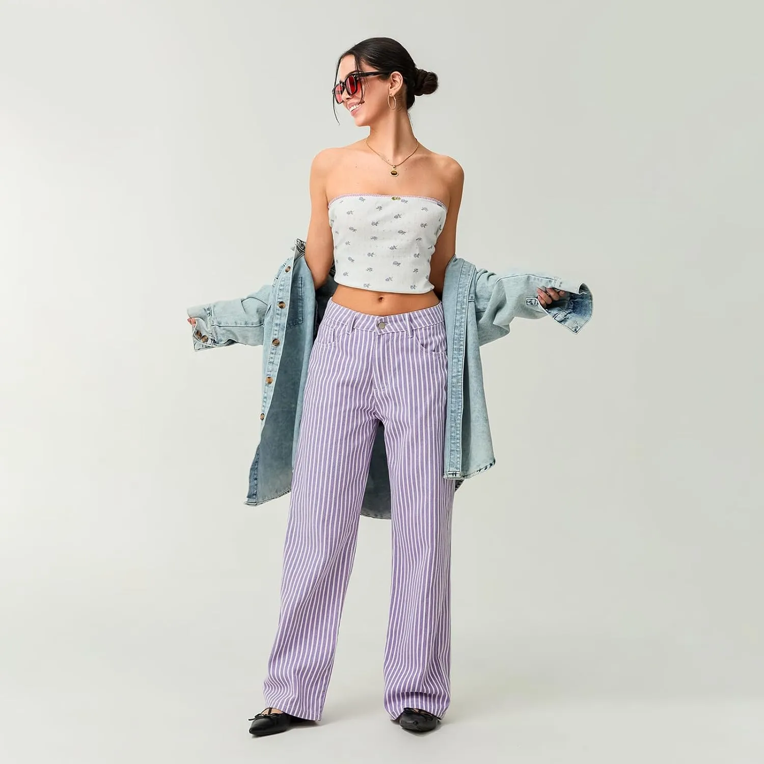 Mxiqqpltky Y2k Striped Bell Bottom Jeans Women High Waisted Boyfriend Denim Pants Baggy Wide Leg Stretchy Bootcut Flare Jeans