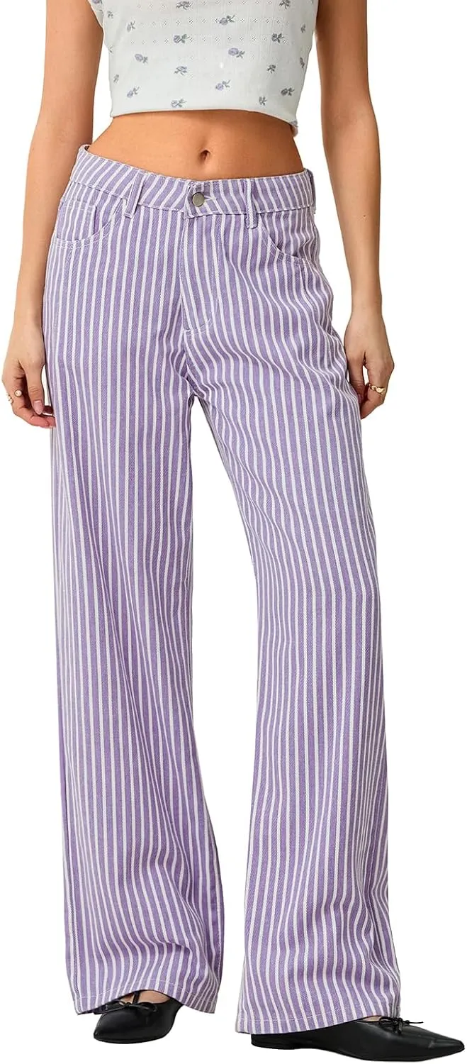 Mxiqqpltky Y2k Striped Bell Bottom Jeans Women High Waisted Boyfriend Denim Pants Baggy Wide Leg Stretchy Bootcut Flare Jeans