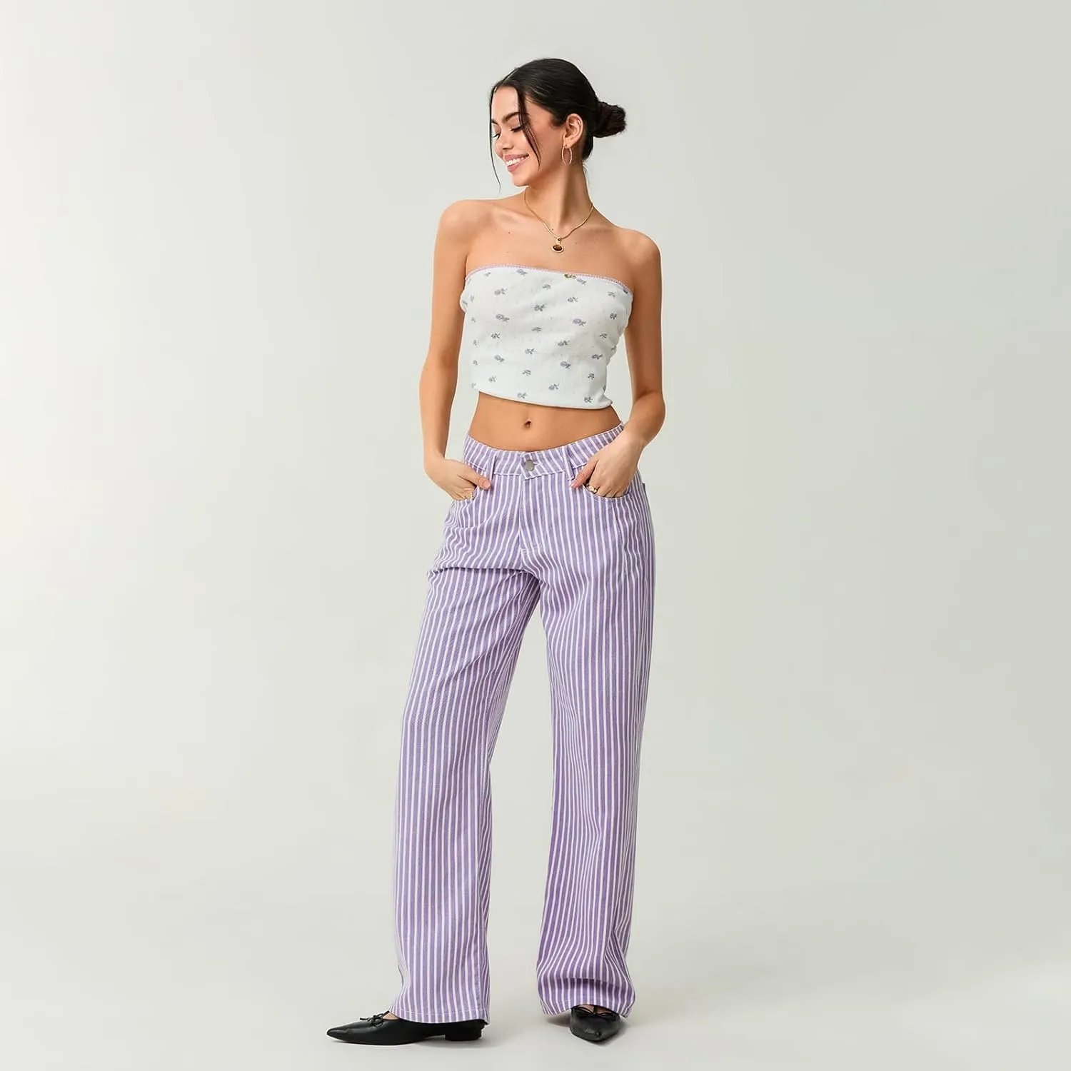 Mxiqqpltky Y2k Striped Bell Bottom Jeans Women High Waisted Boyfriend Denim Pants Baggy Wide Leg Stretchy Bootcut Flare Jeans