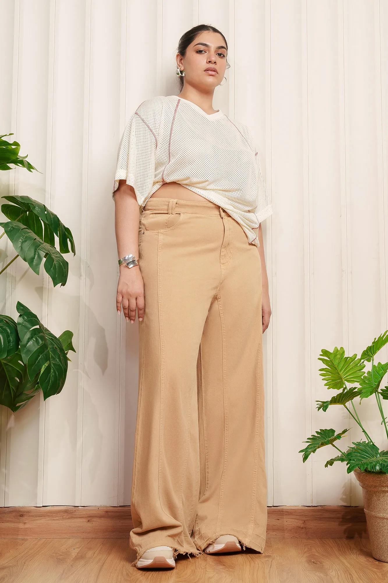 Ochre Denim Curve Flared Korean Pants