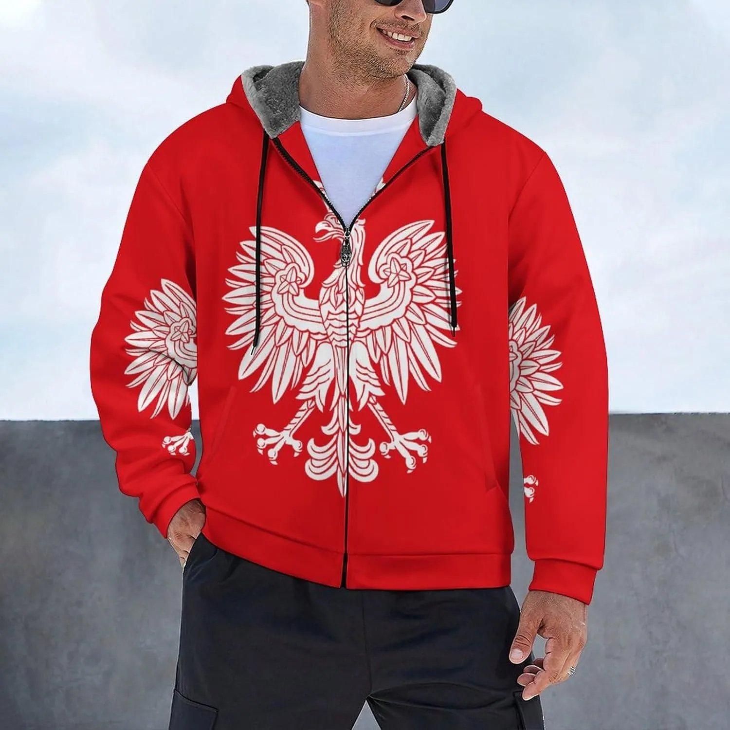 Poland Eagle Hoodies for Men Heavyweight Fleece Sweatshirt Full Zip Jacket Winter Coat