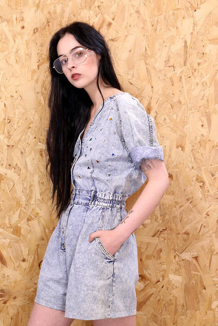 Rainbow Rhinestone Acid Wash Denim Playsuit
