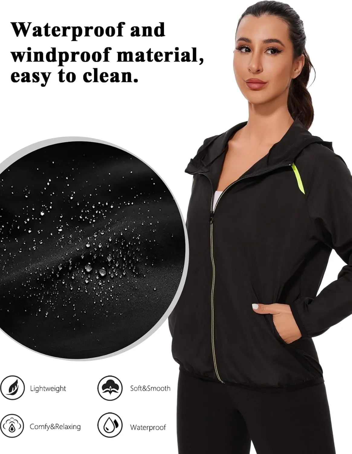 SEXYWG Women Rain Jacket with Hood Zipper Rain Coat Long Sleeves Raincoat Stylish Rain Suit Top Outdoor Travel Coat