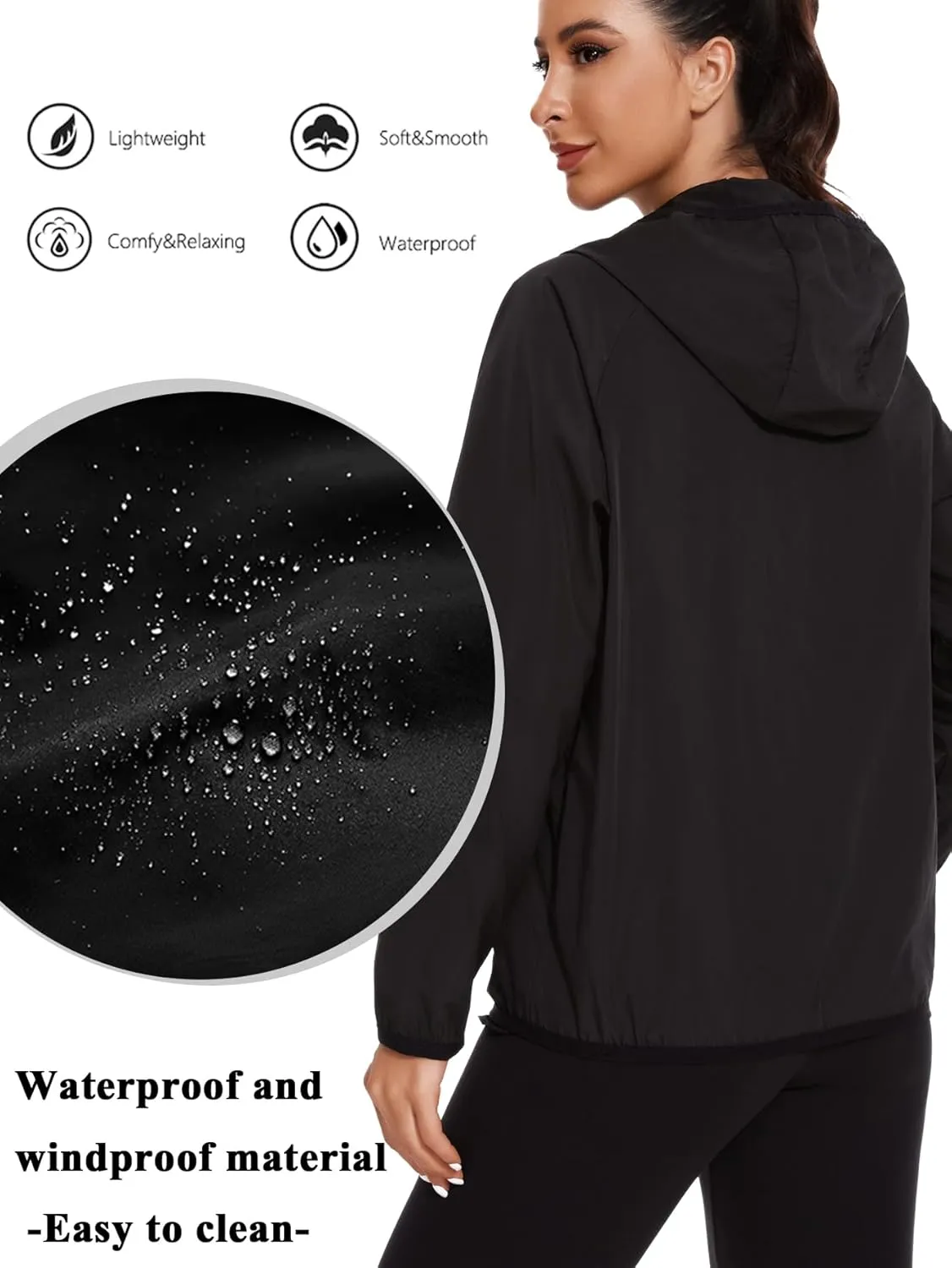 SEXYWG Women Rain Jacket with Hood Zipper Rain Coat Long Sleeves Raincoat Stylish Rain Suit Top Outdoor Travel Coat