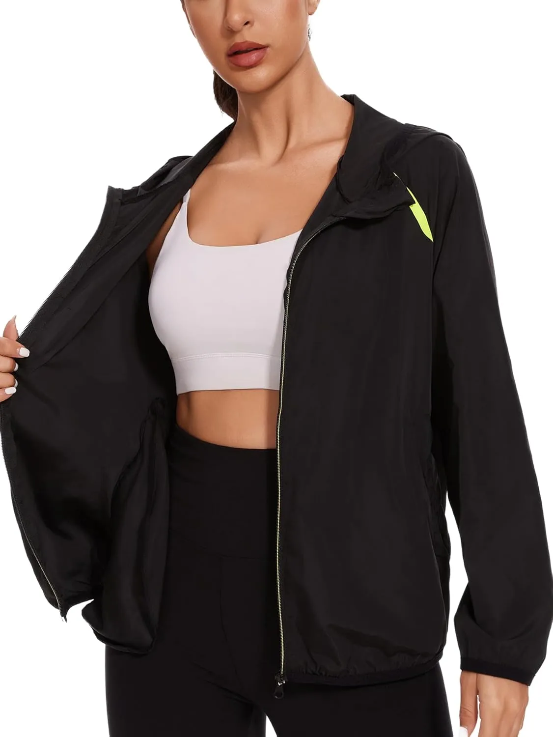 SEXYWG Women Rain Jacket with Hood Zipper Rain Coat Long Sleeves Raincoat Stylish Rain Suit Top Outdoor Travel Coat