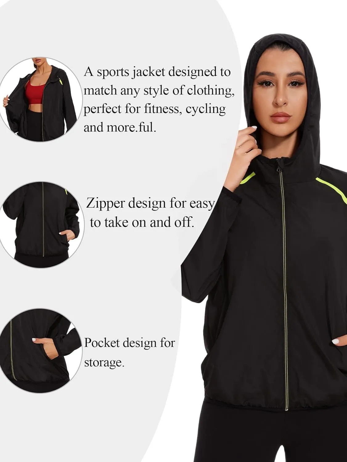 SEXYWG Women Rain Jacket with Hood Zipper Rain Coat Long Sleeves Raincoat Stylish Rain Suit Top Outdoor Travel Coat