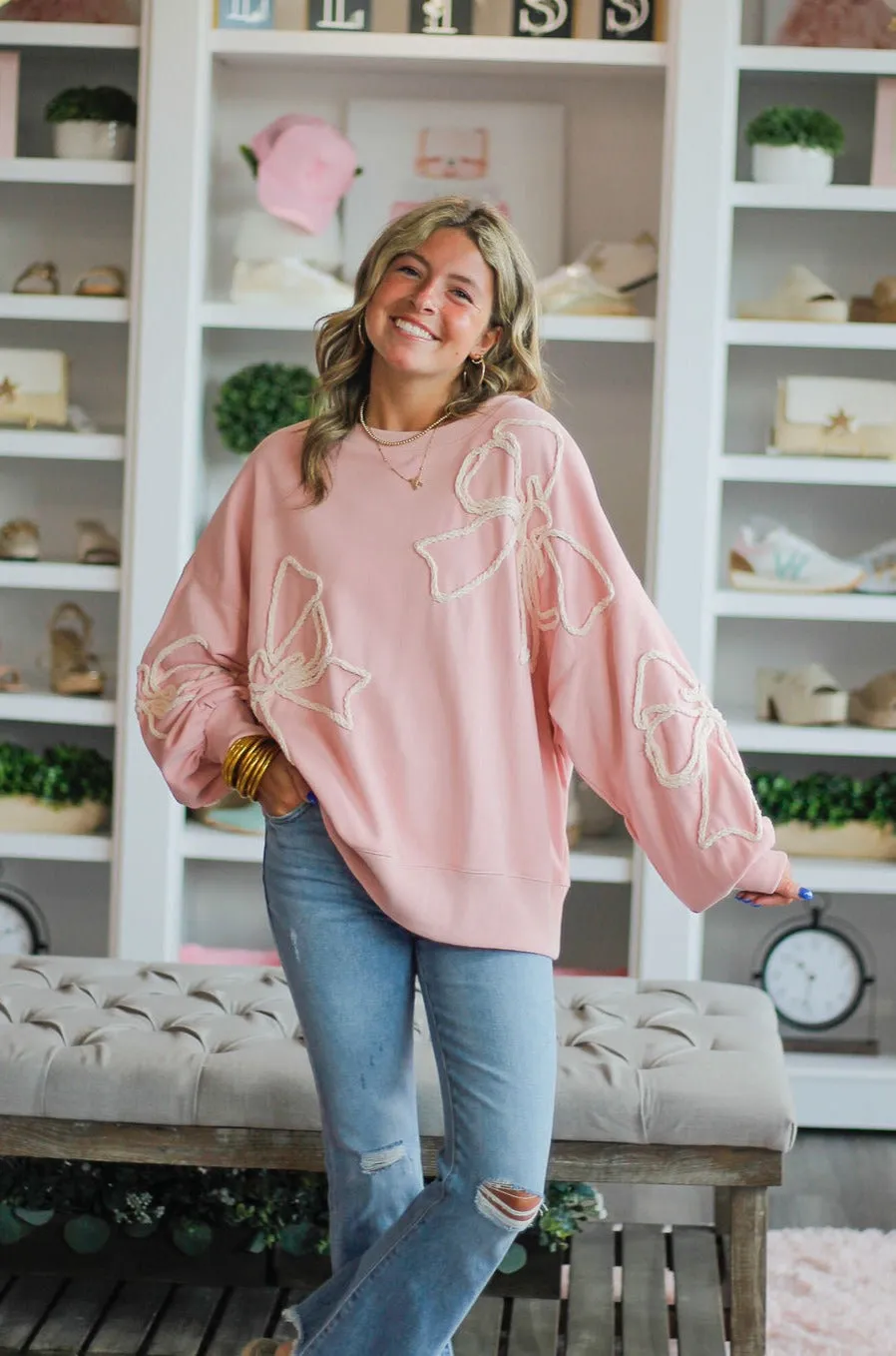 Terry Ribbon Thread Embroid Oversized Sweatshirt
