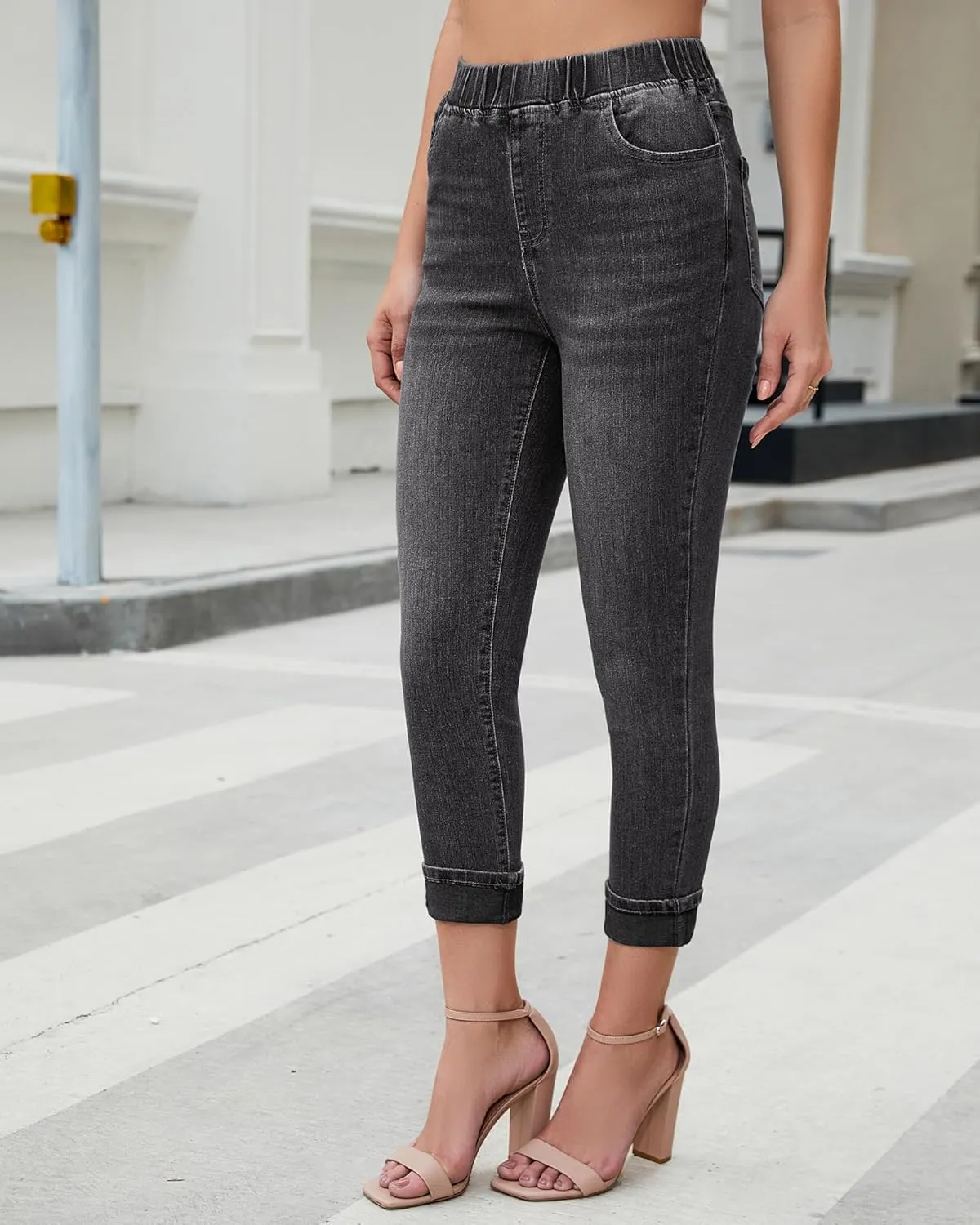 Vetinee Capris Jeans for Women High Waisted Pull On Elastic Waist Skinny Stretchy Denim Capri Pants Rolled Cropped Jeans