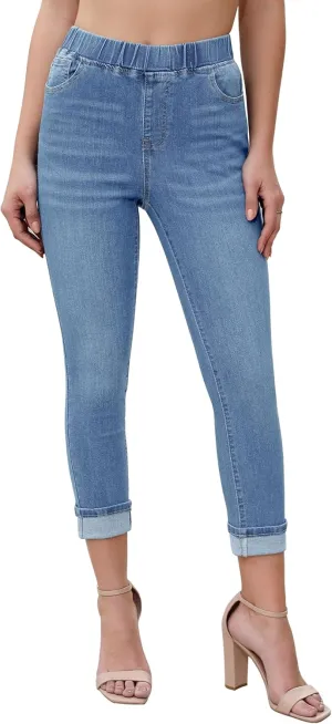 Vetinee Capris Jeans for Women High Waisted Pull On Elastic Waist Skinny Stretchy Denim Capri Pants Rolled Cropped Jeans