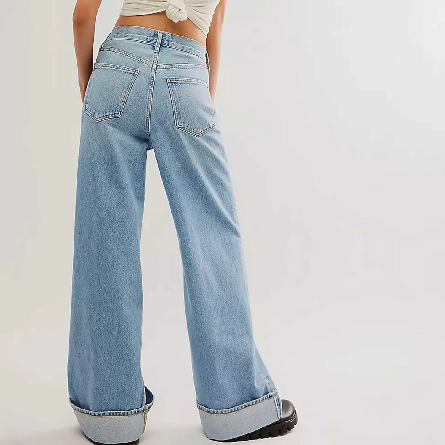 Vintage Baggy Barrel Jeans Mid Rise Wide Leg Boyfriend Jeans for Women Loose Fit Cuffed Cropped Denim Pants Trousers