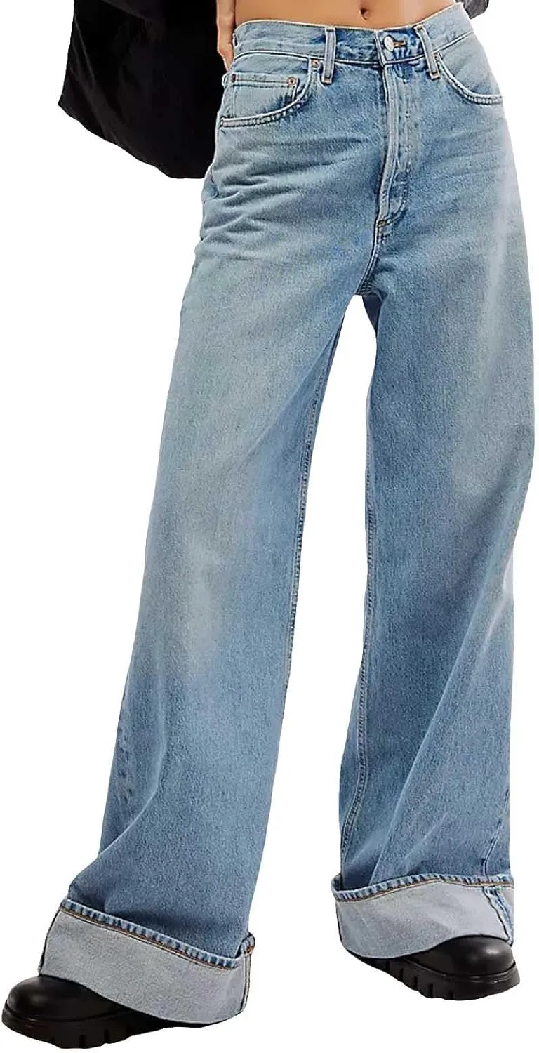 Vintage Baggy Barrel Jeans Mid Rise Wide Leg Boyfriend Jeans for Women Loose Fit Cuffed Cropped Denim Pants Trousers
