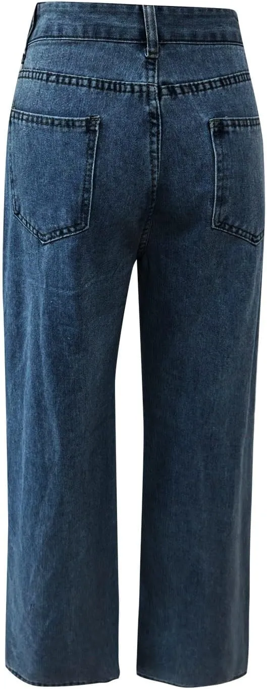 Vintage Baggy Barrel Jeans Mid Rise Wide Leg Boyfriend Jeans for Women Loose Fit Cuffed Cropped Denim Pants Trousers