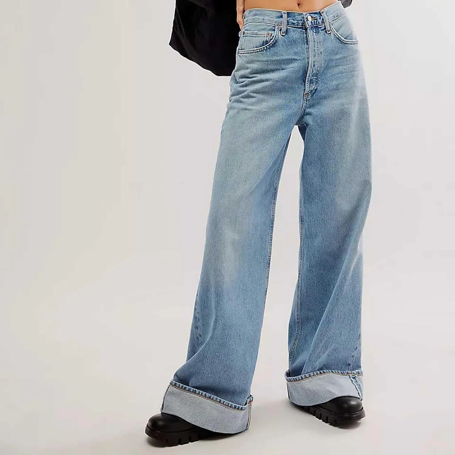 Vintage Baggy Barrel Jeans Mid Rise Wide Leg Boyfriend Jeans for Women Loose Fit Cuffed Cropped Denim Pants Trousers