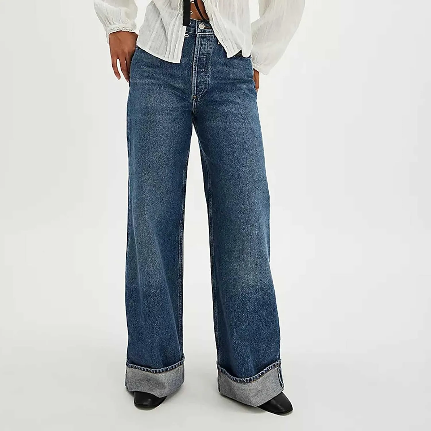 Vintage Baggy Barrel Jeans Mid Rise Wide Leg Boyfriend Jeans for Women Loose Fit Cuffed Cropped Denim Pants Trousers