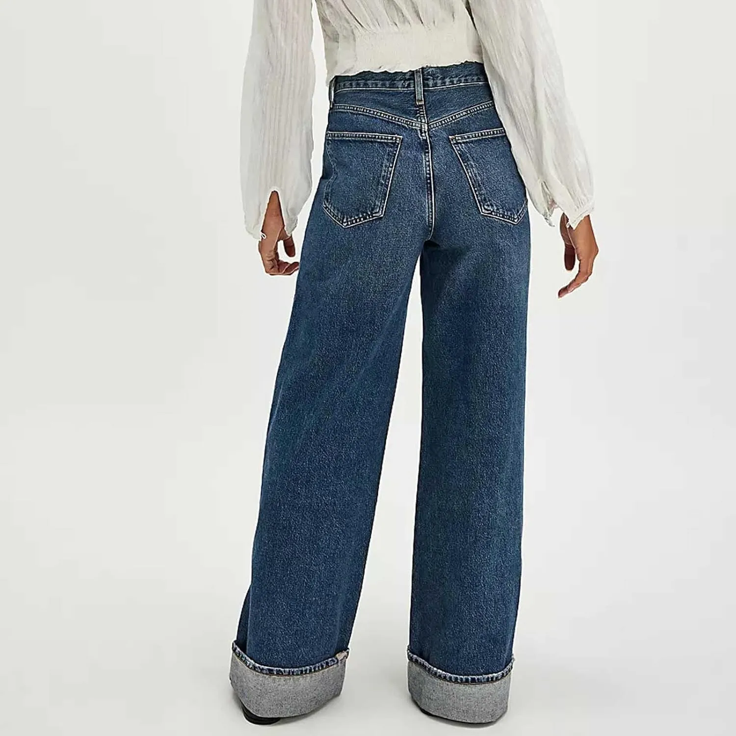Vintage Baggy Barrel Jeans Mid Rise Wide Leg Boyfriend Jeans for Women Loose Fit Cuffed Cropped Denim Pants Trousers