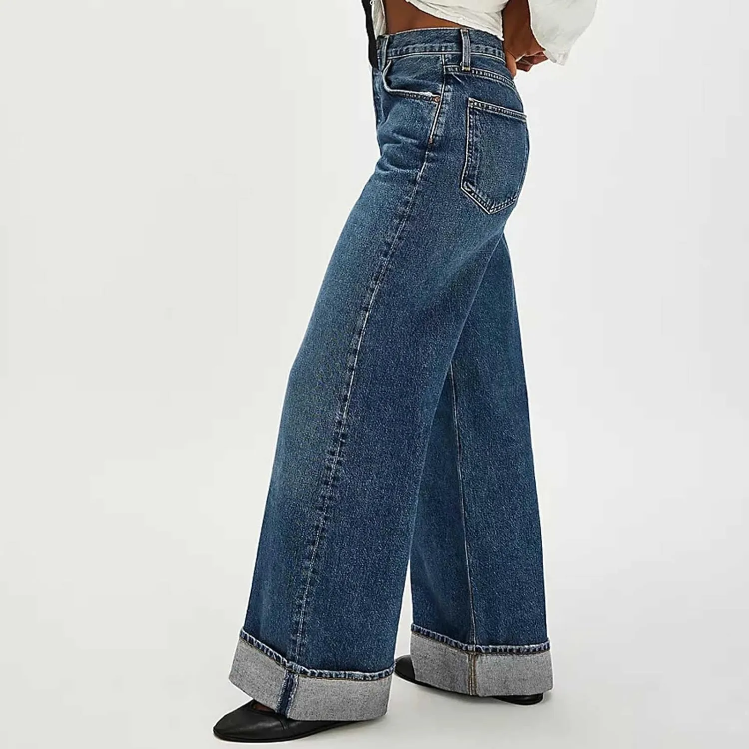 Vintage Baggy Barrel Jeans Mid Rise Wide Leg Boyfriend Jeans for Women Loose Fit Cuffed Cropped Denim Pants Trousers