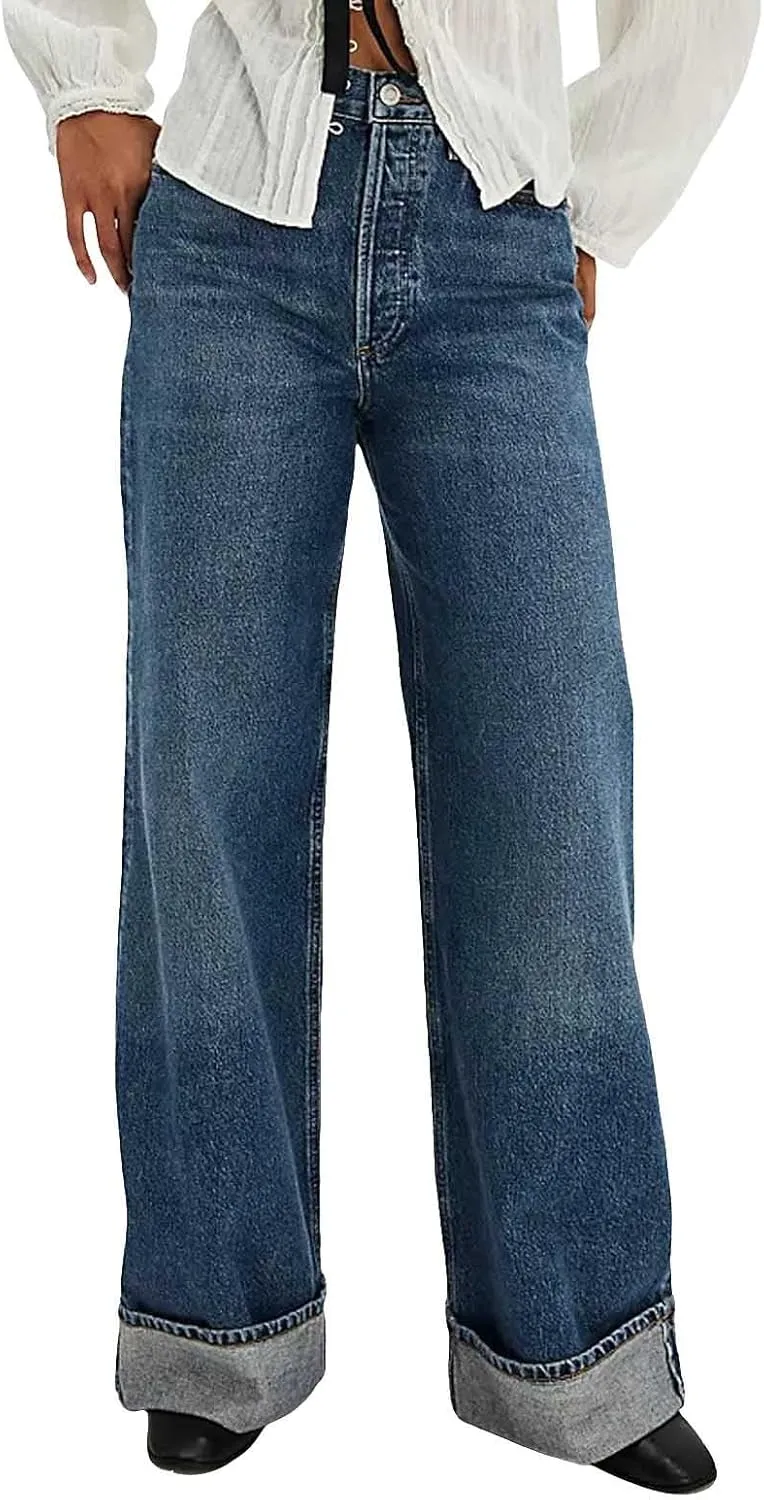 Vintage Baggy Barrel Jeans Mid Rise Wide Leg Boyfriend Jeans for Women Loose Fit Cuffed Cropped Denim Pants Trousers