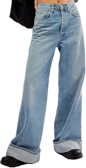 Vintage Baggy Barrel Jeans Mid Rise Wide Leg Boyfriend Jeans for Women Loose Fit Cuffed Cropped Denim Pants Trousers