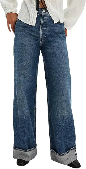 Vintage Baggy Barrel Jeans Mid Rise Wide Leg Boyfriend Jeans for Women Loose Fit Cuffed Cropped Denim Pants Trousers