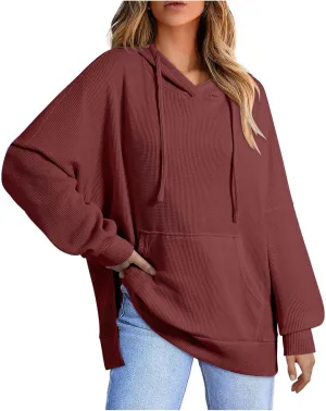Women's 2025 Waffle Knit Hoodies Stylish Oversized Sweatshirts with Drawstring Hooded Lightweight Athletic Hoody Tops