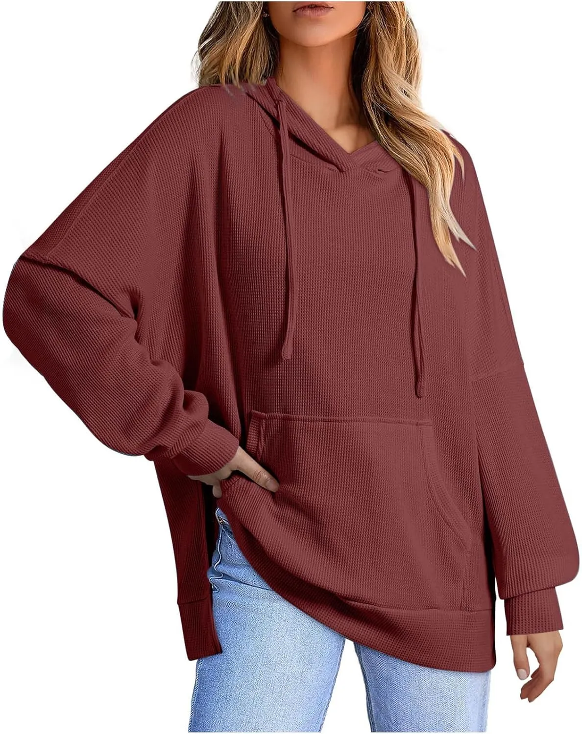 Women's 2025 Waffle Knit Hoodies Stylish Oversized Sweatshirts with Drawstring Hooded Lightweight Athletic Hoody Tops