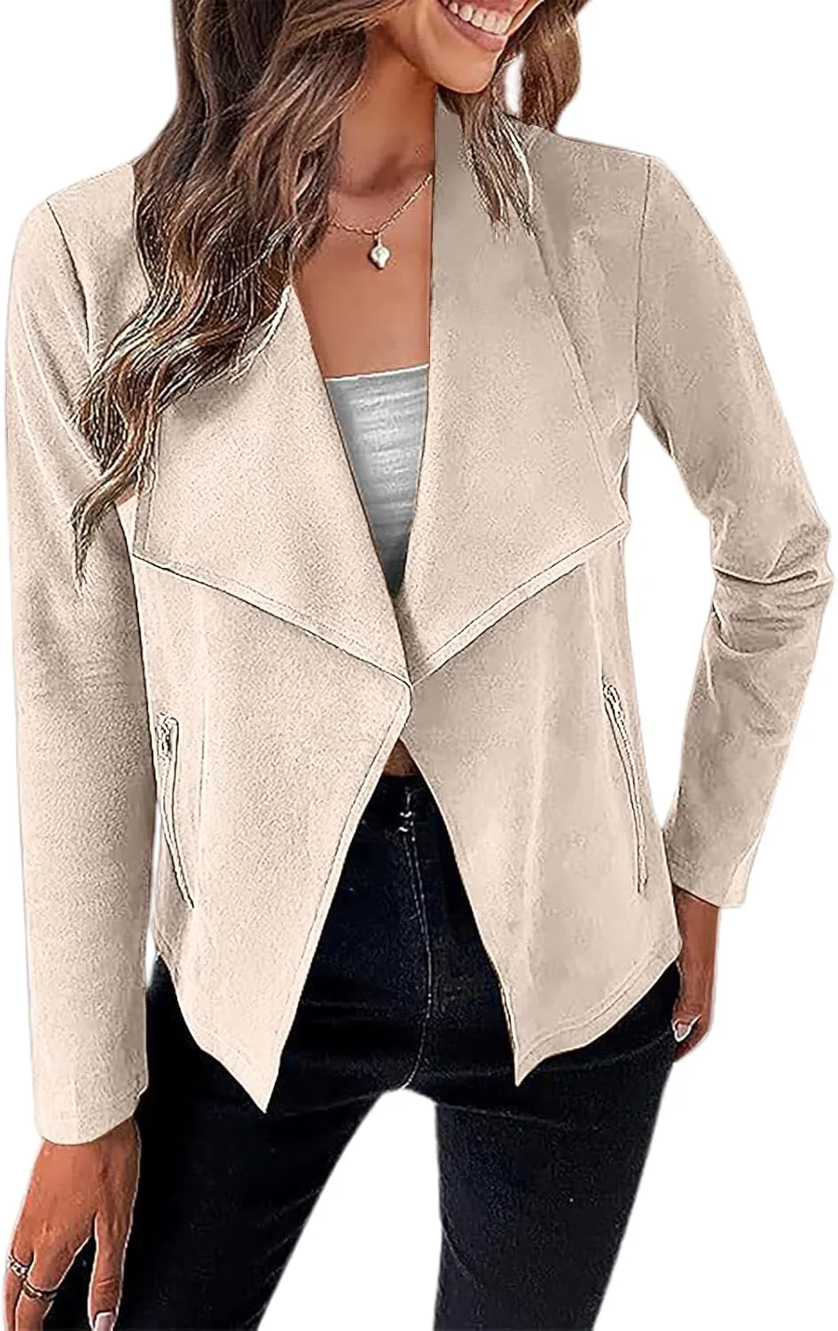 Women's Faux Suede Jacket 2024 Fall Long Sleeve Zipper Lapel Cropped Coat with Pockets Y2K Moto Jackets Outwear