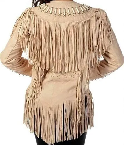 Women's Genuine grain Leather Western Cowgirl Jacket with Beaded Fringe Native American Style
