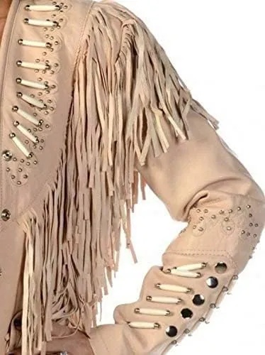 Women's Genuine grain Leather Western Cowgirl Jacket with Beaded Fringe Native American Style
