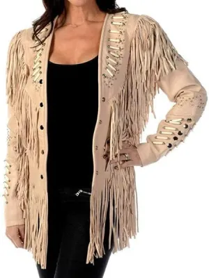 Women's Genuine grain Leather Western Cowgirl Jacket with Beaded Fringe Native American Style