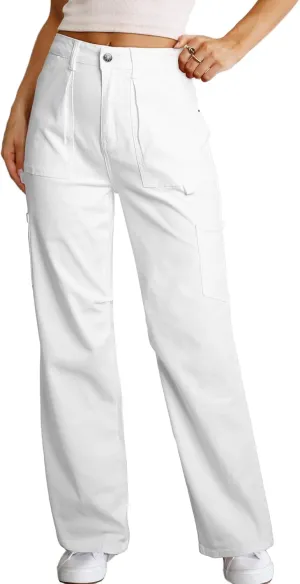 Women's High Waist Baggy Cargo Jeans Flap Pocket Relaxed Fit Straight Wide Leg Y2K Fashion Cargo Pants Boyfriend Jeans